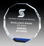 Glass Award - Crystal Octagon, Blue Accent 4 inch