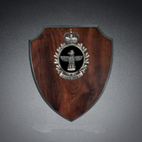 Wood Laminated Shield Plaque with Pewter Crests or Badge